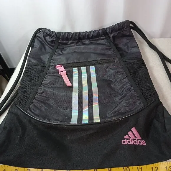 Adidas Drawstring Backpack Black Pink 3 Stripe Gym Sack Bag Medium - Picture 4 of 15